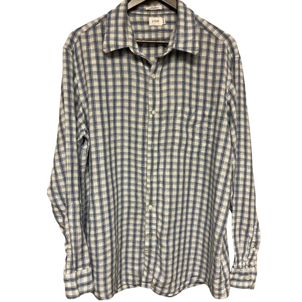 J. Crew Men's Shirt 100% Linen Blue White Plaid Long Sleeve Button Down Large